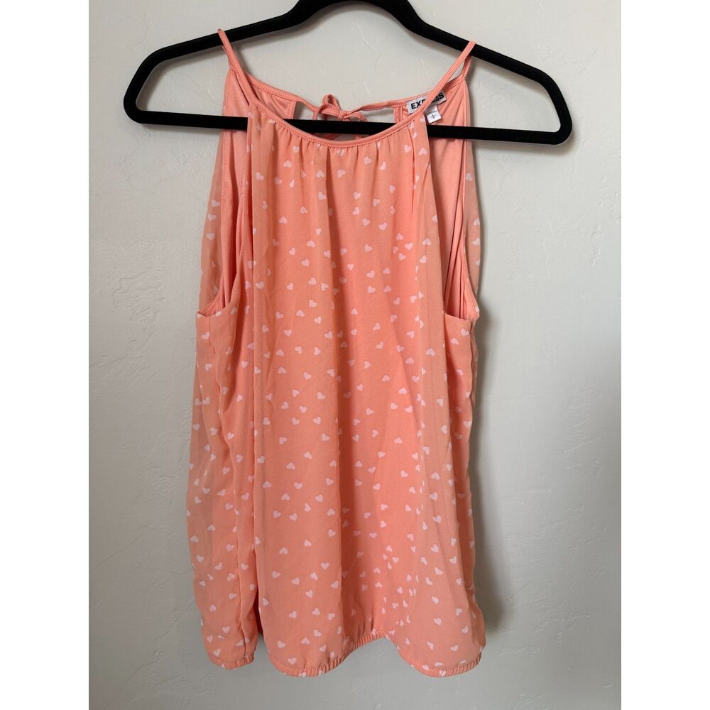 Express Halter Top Womens Size L Peach White Heart Print Keyhole Blouse